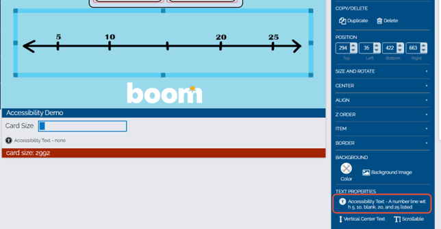 Image of a Deck with a number line in the background that is selected to view it's text properties. The text properties have an Accessibility Text written to describe the number line.