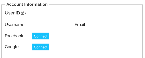 An image of the account information page. There's a spot for user ID, username, email, connecting facebook, and connecting google.