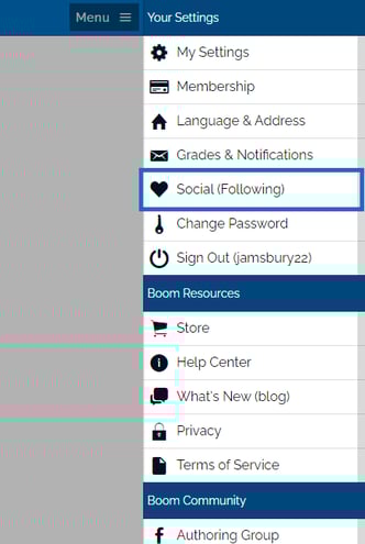 An image of the settings dropdown. "Social (following)" is the fifth option down.