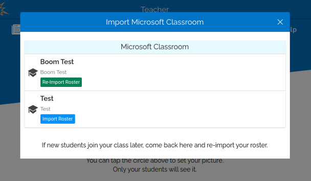 An image of the microsoft classrooms available to import and the blue "import roster" button under the class.