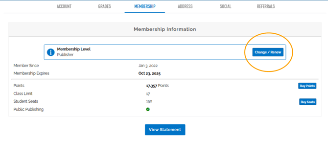 An image of the membership information box under the membership tab. It highlights the "change/renew" button next to your membership level.
