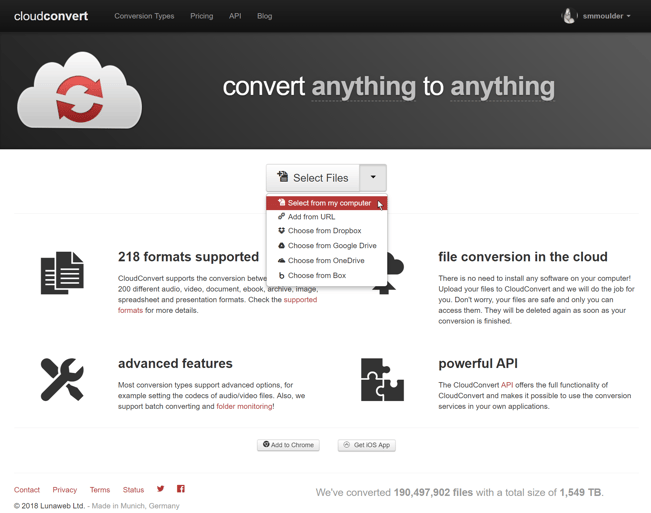Image of selecting files to upload on Cloud Convert.