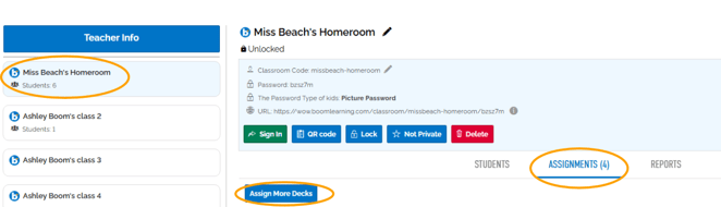 An image highlighting the chosen class from the classes list on the left of the classes page. On the selected class's page, under the highlighted assignments tab is the highlighted "assign more decks" button.