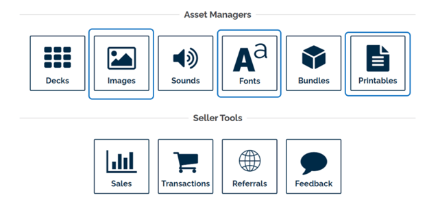 An image showing "Asset Managers" with horizontal buttons for "decks", "images", "sounds", "fonts", "bundles", and "printables" in that order.