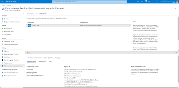 An image of the admin view showing which application is requesting permission.