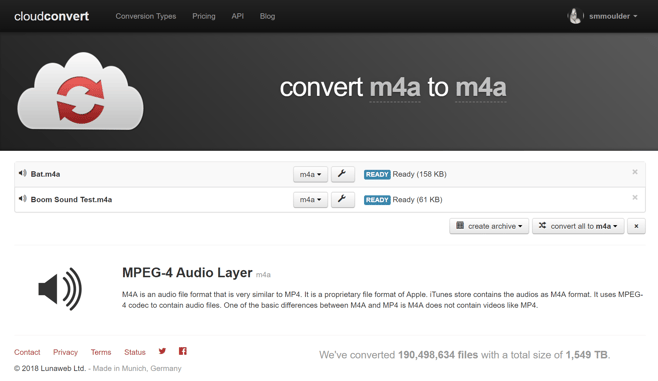 Image of m4a file successfully uploaded to Cloud Convert.