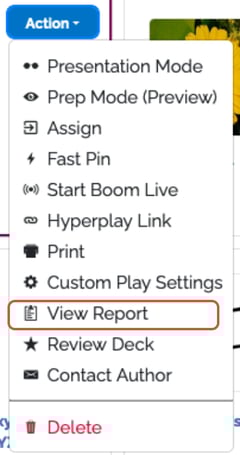 An image showing the action dropdown menu. View report is fourth from the bottom.