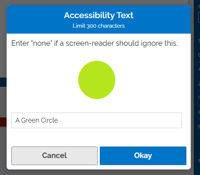Image of Accessibility Text description being entered for an image of a green circle.