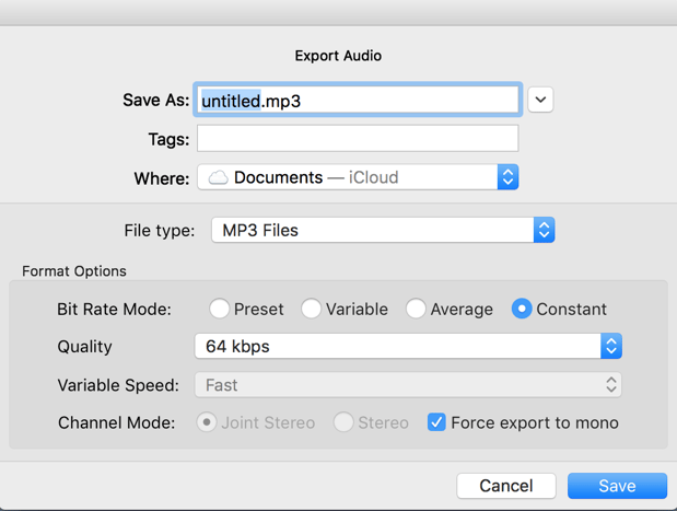 Image of correct compact MP3 settings to fit audio file size limit.