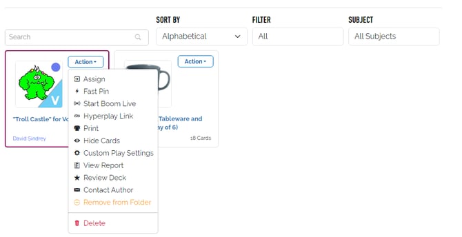 An image of the deck library. In the top right corner of each deck is an "action" dropdown button. The first option in the dropdown menu is "assign".