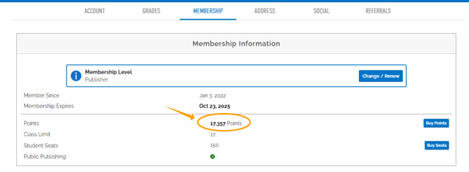 An image from the membership tab. Next to the displayed amount of points is a "buy points" button.