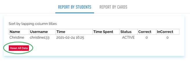 An image of the report page highlighting the red "reset all data" button on the right side.
