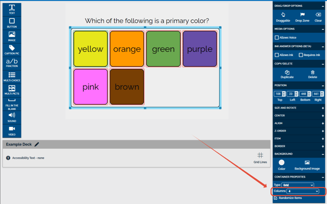 Image of the Grid layout being used on the color answers, showing how the answers are sorted into a grid and are automatically set sizes.