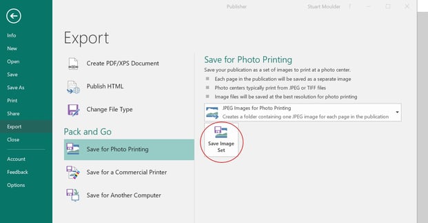 Image of exporting pages/file through Publisher.