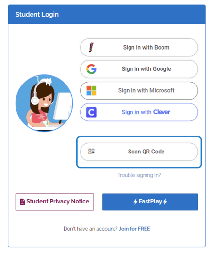 An image of the student login page, highlighting the "scan QR code" button.