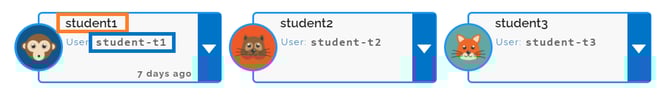 An image showing the student friendly name, student1, and the student username, student-t1.