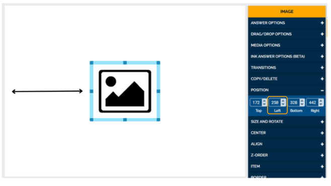 Image of how changing the value in the Left text box in the Position Settings corresponds to the distance between the left line of the element and the left side of the card.