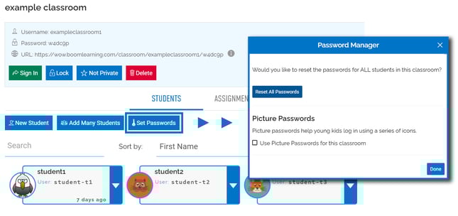 An image of the classroom, under the students tab. Next to the buttons for "new student" and "ass many students" is a button for "set passwords". A popup will appear prompting you to reset all passwords with an optional check box to use picture passwords.