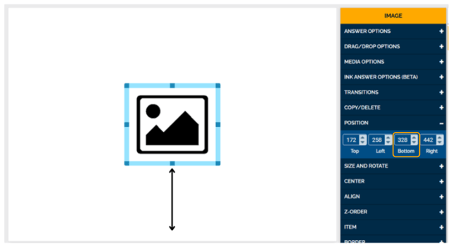 Image of how changing the value in the Bottom text box in the Position Settings corresponds to the distance between the bottom line of the element and the bottom of the card.