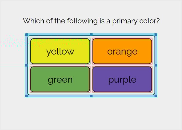 Image of example questions, "Which of the following is a primary color"?, and options yellow, orange, green, purple.