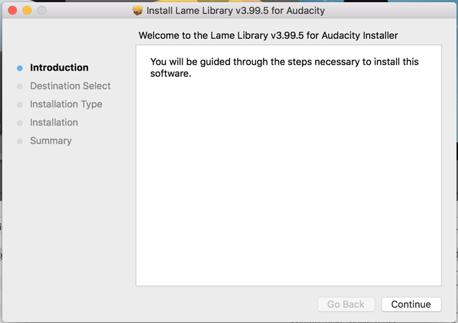 Image of Installing Lame Library instructions.