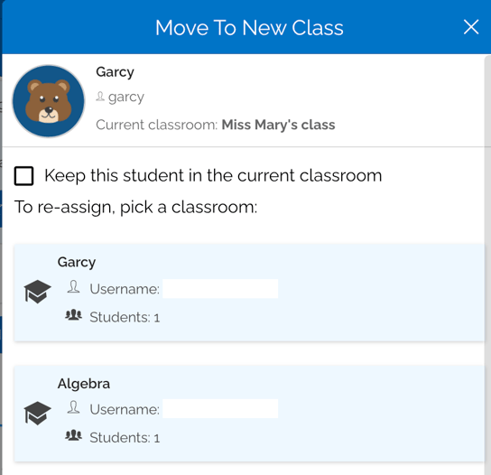 An image showing the "move to new class" menu. There's a check box to keep the student in the current classroom and the list of classrooms the student can be re-assigned to below.