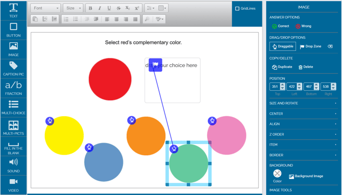 Image of example card with different colored circles. Blue flag and line connecting the correct answer to the Drop Zone.