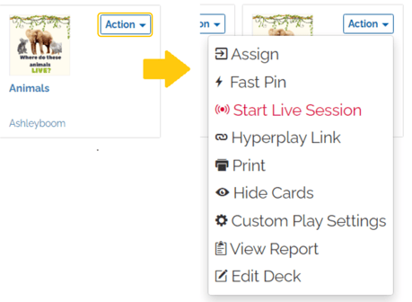 Image of Actions to assign the deck to a classroom, individual student, FastPlay Link/Pin, or Hyperplay Link.