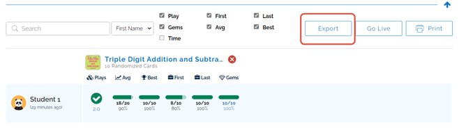 An image with a selected deck highlighting the "export" button in the top right of the page.
