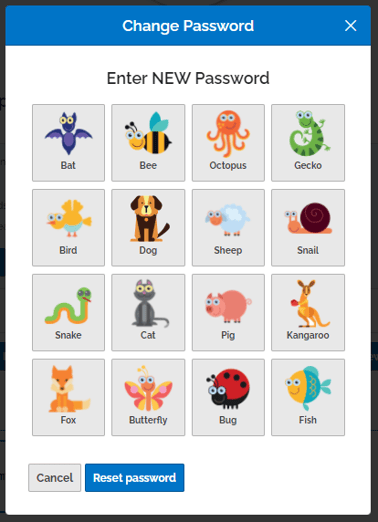 An image of a popup with the text, "enter new password" and a four-by-four grid of animal avatars. In the bottom left are buttons for "cancel" and "reset password".
