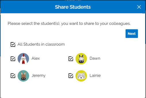 An image of the "share students" menu. There is a check box for "all students in classroom" as well as individual check boxes for specific students. The "next" button is in the top right.