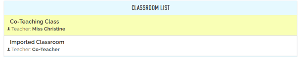 An image of the student's classroom list showing two classrooms with their name and teacher name.