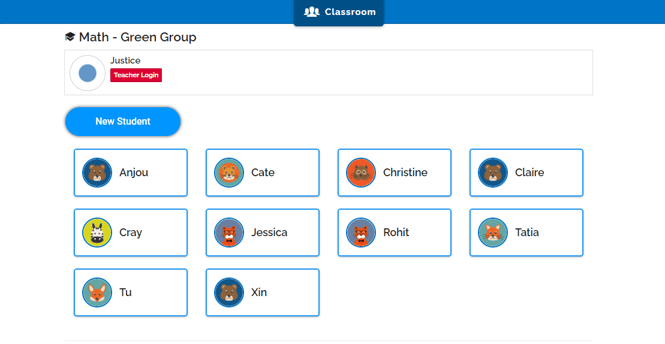 An image of the classroom sign-in page. There is a roster of clickable student names and avatars.