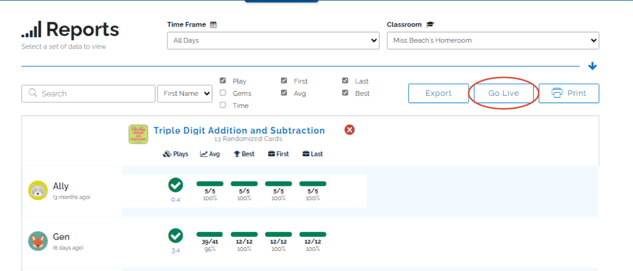 An image from the reports tab highlighting the "go live" button in the top right, between "export" and "print".