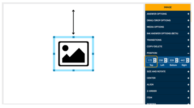 Image of how changing the value in the Top text box in the Position Settings corresponds to the distance between the top line of the element and the top of the card.