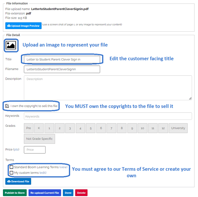 Image of Printable File upload instructions. "Upload an image to represent your file", "Edit the customer facing title", "You MUST own the copyrights to the file to sell it", "You must agree to our Terms of Service or create your own".
