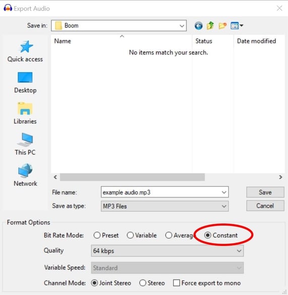 Image of Constant Bit Rate Mode circled in Export Audio.