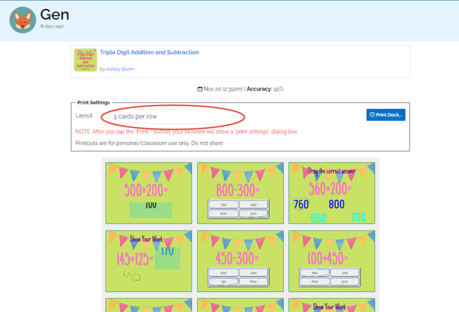 An image showing the print settings with a layout selector near the top and a preview of the cards layed out in the center.