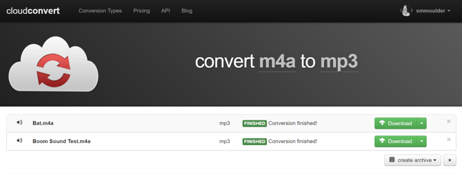 Image of Cloud Convert download screen after audio files are successfully converted.