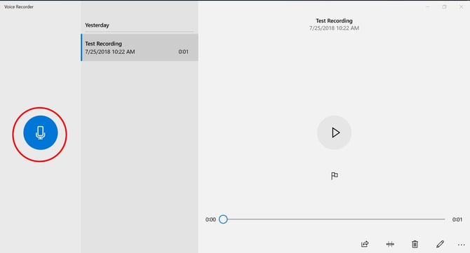 Image of Microphone button circled red in Voice Recorder App.