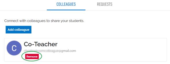 An image of the "colleagues" tab and a "remove" button under the co-teacher.