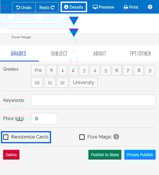 Image of the Randomize Cards Button Checkbox Option in the Details Menu.