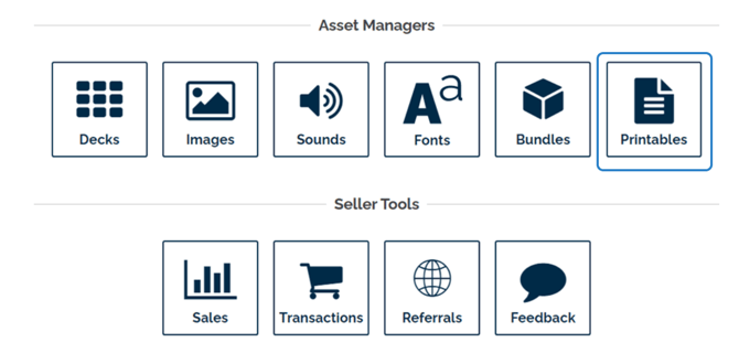 Image of Asset Managers bar and Seller Tools bar in Studio.