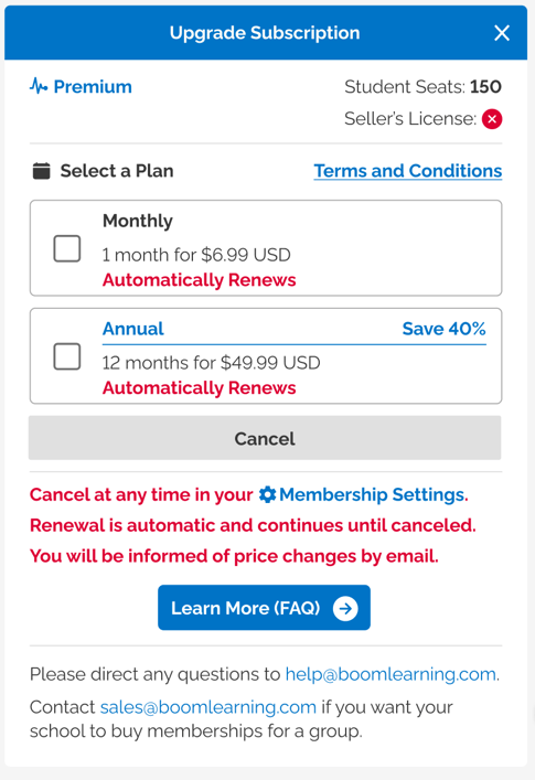 An image from the upgrade subscription menu. There is an option for selecting a plan, and displayed below are monthly, for $6.99, and annual, for $49.99.