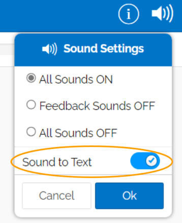 Image of Sound Settings with the Sound to Text option enabled and circled.