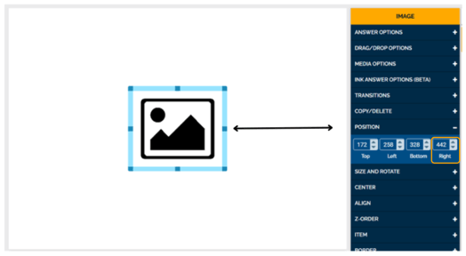 Image of how changing the value in the Right text box in the Position Settings corresponds to the distance between the right line of the element and the right side of the card.