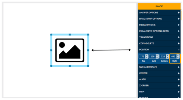 Image of how changing the value in the Right text box in the Position Settings corresponds to the distance between the right line of the element and the right side of the card.