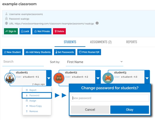 An image of the classroom, under the students tab. From the student dropdown click the button for "password" and a popup will appear prompting you to enter a new password.