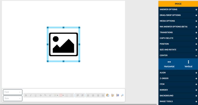 Image of element being centered both horizontally and vertically after both Vertical and Horizontal buttons are applied in the Center Settings.