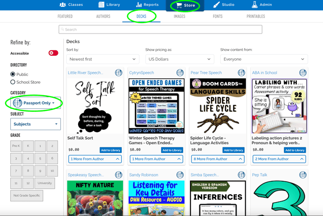 An image from the store tab, then the decks tab. On the left, under the "refine by" section is a selector for category. Set the selector to "passport only".